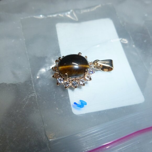 18K Gold Electroplate Tiger's Eye Swarovski Crystals Pendant - Picture 9 of 16